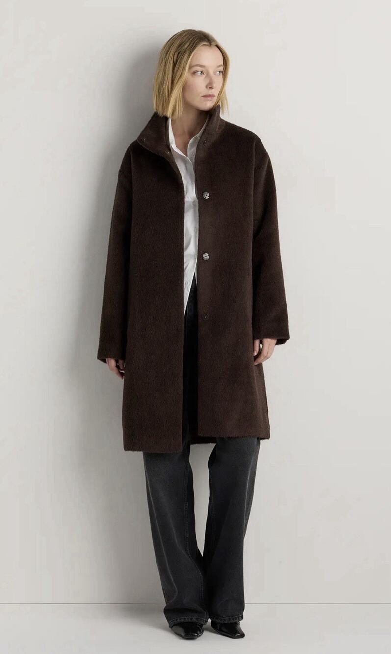 NWT Quince 100% Alpaca Wool Stand Collar Coat •XS• Coffee Bean Brown Jacket $350
